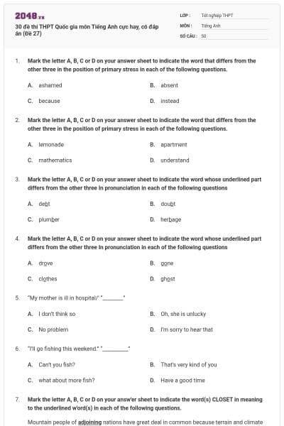 30 đề thi THPT Quốc gia môn Tiếng Anh cực hay, có đáp án (Đề 27)