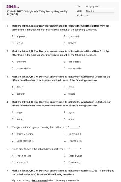 30 đề thi THPT Quốc gia môn Tiếng Anh cực hay, có đáp án (Đề 28)