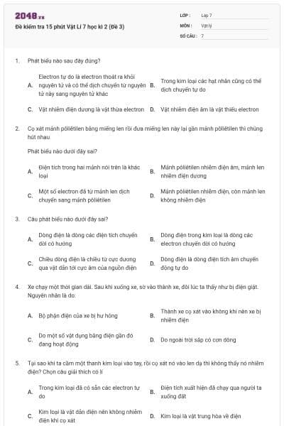 Đề kiểm tra 15 phút Vật Lí 7 học kì 2 (Đề 3)