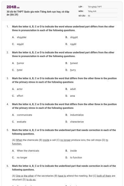 30 đề thi THPT Quốc gia môn Tiếng Anh cực hay, có đáp án (Đề 29)
