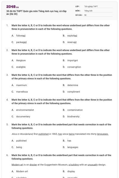 30 đề thi THPT Quốc gia môn Tiếng Anh cực hay, có đáp án (Đề 30)