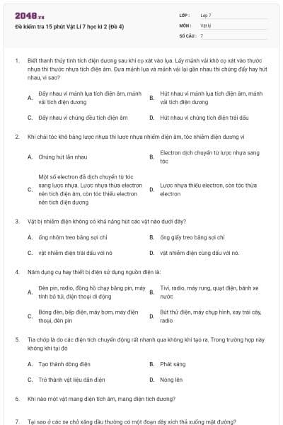 Đề kiểm tra 15 phút Vật Lí 7 học kì 2 (Đề 4)