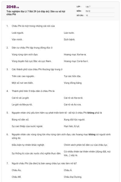 Trắc nghiệm Địa Lí 7 Bài 29 (có đáp án): Dân cư xã hội châu Phi