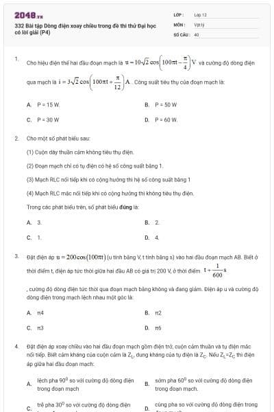 332 Bài tập Dòng điện xoay chiều trong đề thi thử Đại học có lời giải (P4)