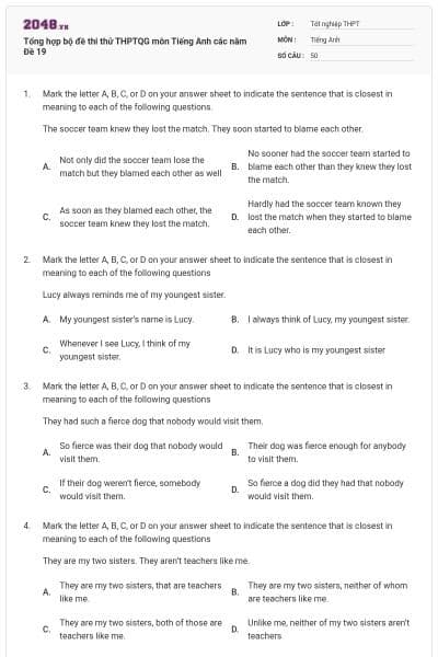 Tổng hợp bộ đề thi thử THPTQG môn Tiếng Anh các năm Đề 19