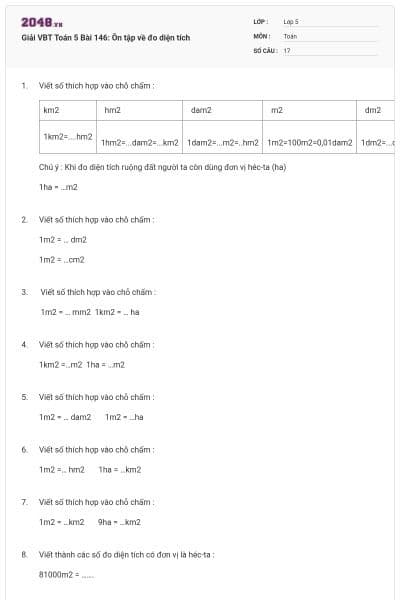 Giải VBT Toán 5 Bài 146: Ôn tập về đo diện tích