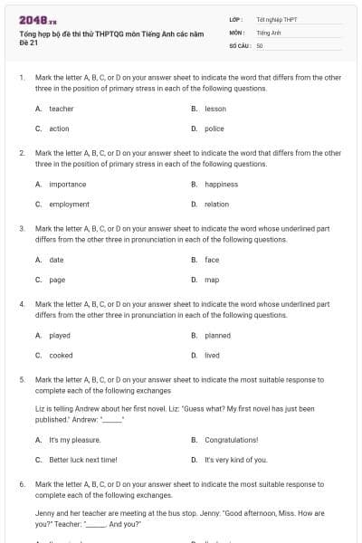 Tổng hợp bộ đề thi thử THPTQG môn Tiếng Anh các năm Đề 21