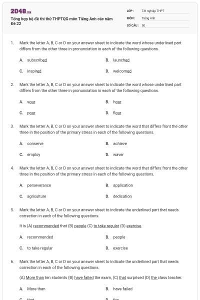 Tổng hợp bộ đề thi thử THPTQG môn Tiếng Anh các năm Đề 22