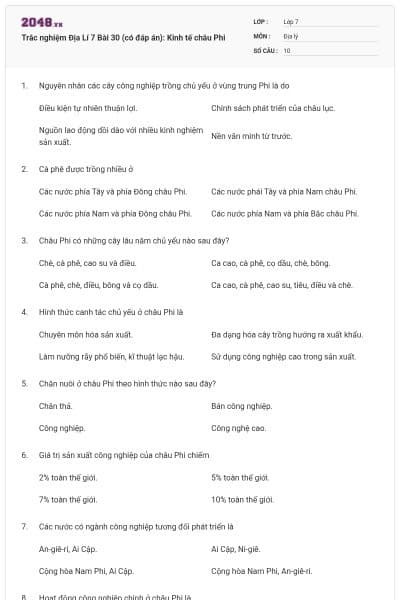 Trắc nghiệm Địa Lí 7 Bài 30 (có đáp án): Kinh tế châu Phi