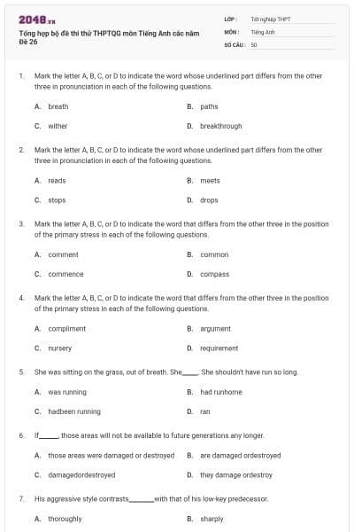 Tổng hợp bộ đề thi thử THPTQG môn Tiếng Anh các năm Đề 26