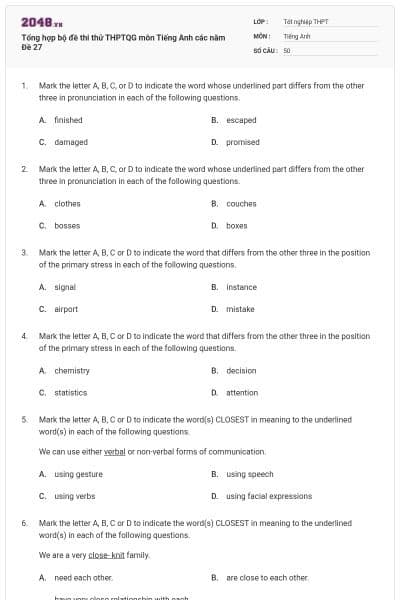 Tổng hợp bộ đề thi thử THPTQG môn Tiếng Anh các năm Đề 27