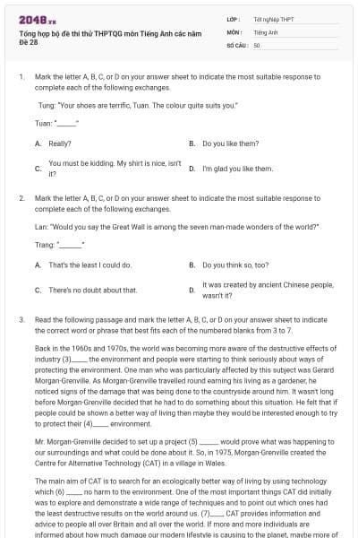Tổng hợp bộ đề thi thử THPTQG môn Tiếng Anh các năm Đề 28
