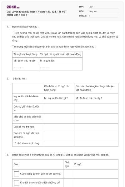 Giải Luyện từ và câu Tuần 17 trang 123, 124, 125 VBT Tiếng Việt 4 Tập 1