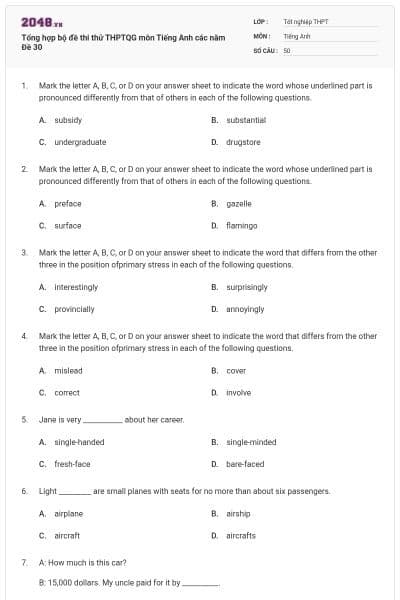 Tổng hợp bộ đề thi thử THPTQG môn Tiếng Anh các năm Đề 30