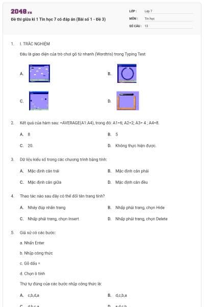 Đề thi giữa kì 1 Tin học 7 có đáp án (Bài số 1 - Đề 3)