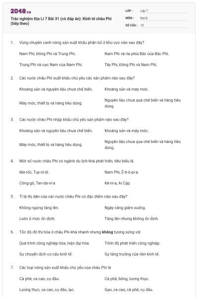 Trắc nghiệm Địa Lí 7 Bài 31 (có đáp án): Kinh tế châu Phi (tiếp theo)
