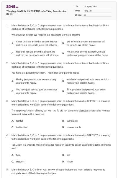 Tổng hợp bộ đề thi thử THPTQG môn Tiếng Anh các năm Đề 34