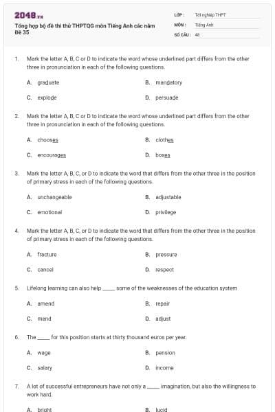 Tổng hợp bộ đề thi thử THPTQG môn Tiếng Anh các năm Đề 35