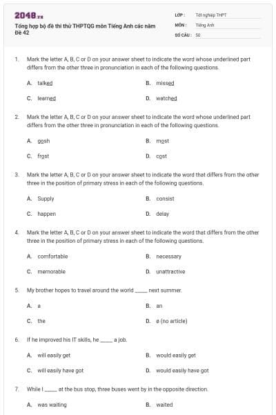 Tổng hợp bộ đề thi thử THPTQG môn Tiếng Anh các năm Đề 42