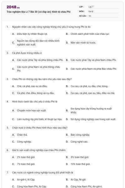 Trắc nghiệm Địa Lí 7 Bài 30 (có đáp án): Kinh tế châu Phi