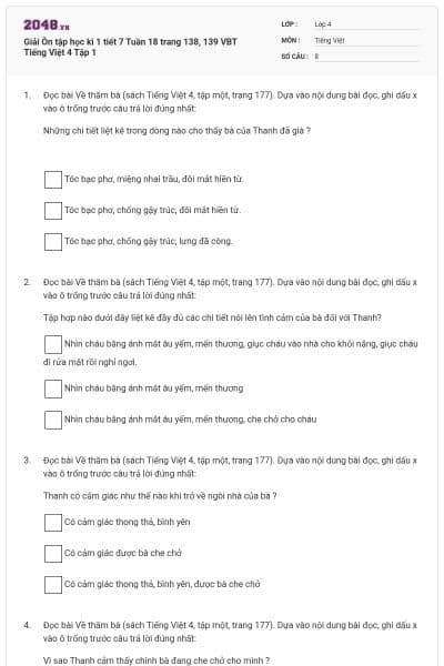 Giải Ôn tập học kì 1 tiết 7 Tuần 18 trang 138, 139 VBT Tiếng Việt 4 Tập 1