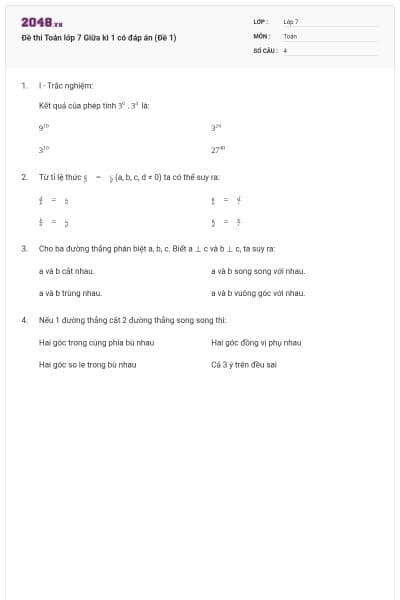 Đề thi Toán lớp 7 Giữa kì 1 có đáp án (Đề 1)