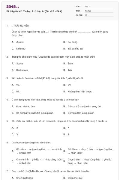 Đề thi giữa kì 1 Tin học 7 có đáp án (Bài số 1 - Đề 4)