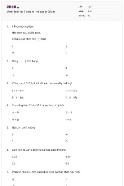Đề thi Toán lớp 7 Giữa kì 1 có đáp án (Đề 2)
