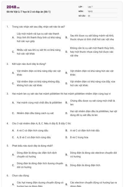 Đề thi Vật Lí 7 học kì 2 có đáp án (Đề 1)