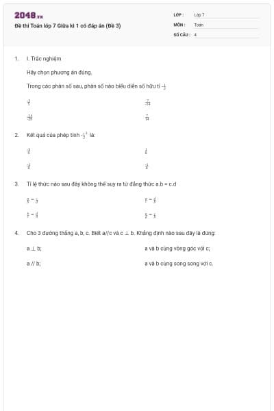 Đề thi Toán lớp 7 Giữa kì 1 có đáp án (Đề 3)