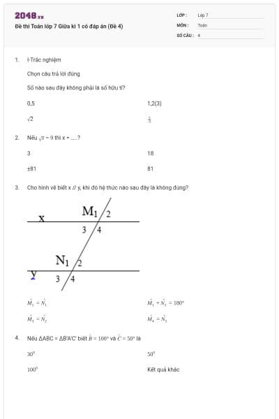 Đề thi Toán lớp 7 Giữa kì 1 có đáp án (Đề 4)