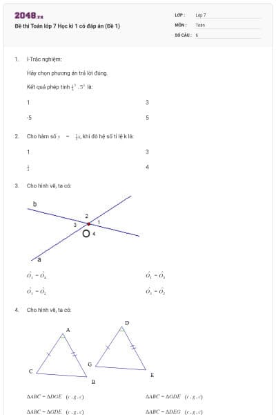 Đề thi Toán lớp 7 Học kì 1 có đáp án (Đề 1)