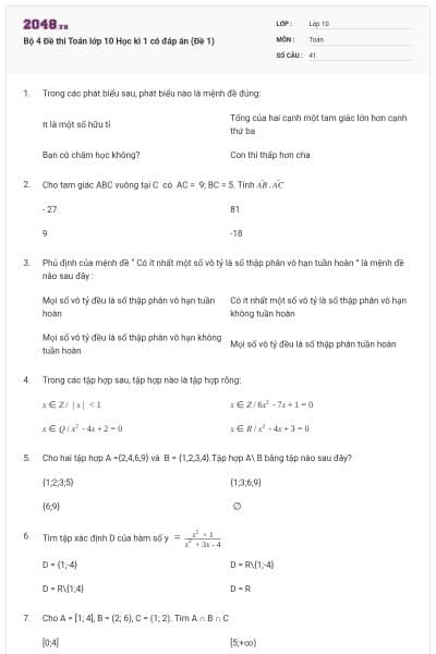 Bộ 4 Đề thi Toán lớp 10 Học kì 1 có đáp án (Đề 1)