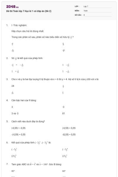 Đề thi Toán lớp 7 Học kì 1 có đáp án (Đề 2)