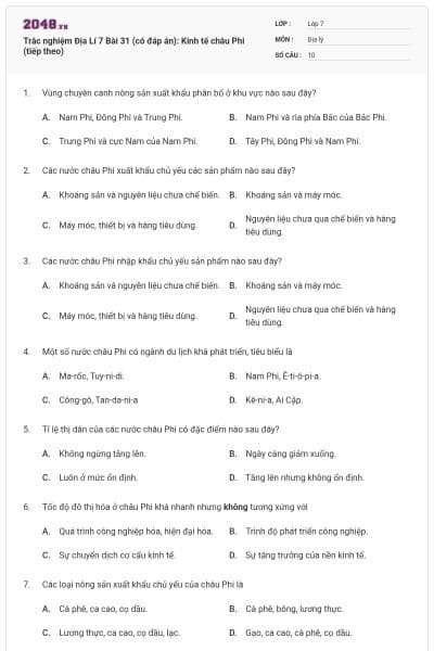 Trắc nghiệm Địa Lí 7 Bài 31 (có đáp án): Kinh tế châu Phi (tiếp theo)