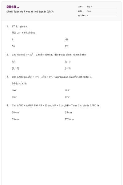 Đề thi Toán lớp 7 Học kì 1 có đáp án (Đề 3)
