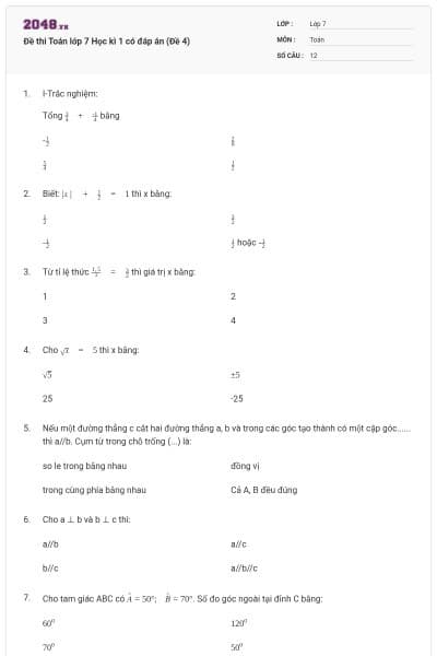 Đề thi Toán lớp 7 Học kì 1 có đáp án (Đề 4)