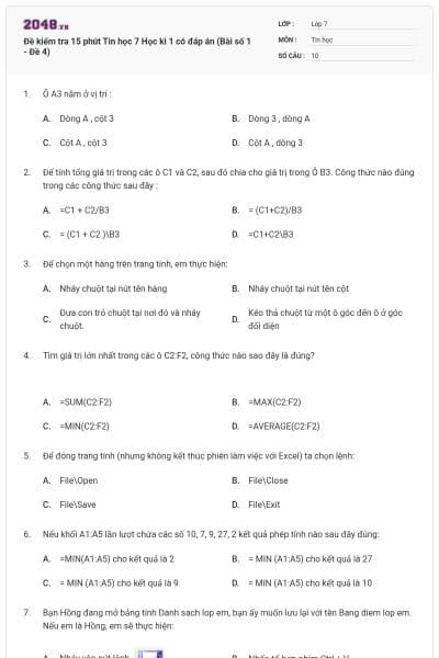 Đề kiểm tra 15 phút Tin học 7 Học kì 1 có đáp án (Bài số 1 - Đề 4)