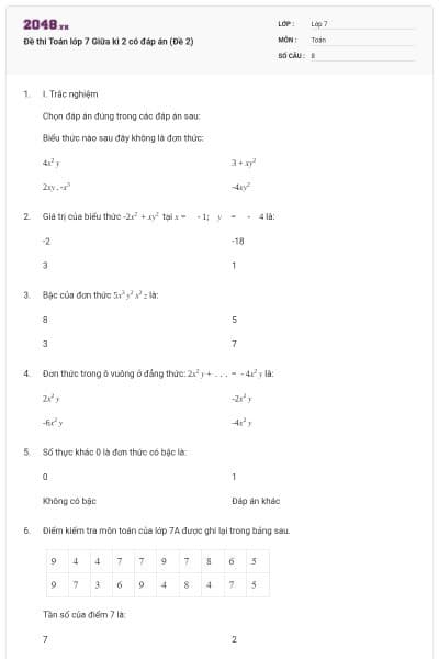 Đề thi Toán lớp 7 Giữa kì 2 có đáp án (Đề 2)