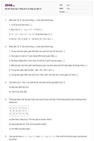 Đề thi Toán lớp 7 Giữa kì 2 có đáp án (Đề 1)