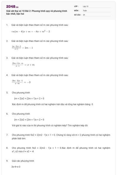 Giải sbt Đại số 10 Bài 2: Phương trình quy về phương trình bậc nhất, bậc hai