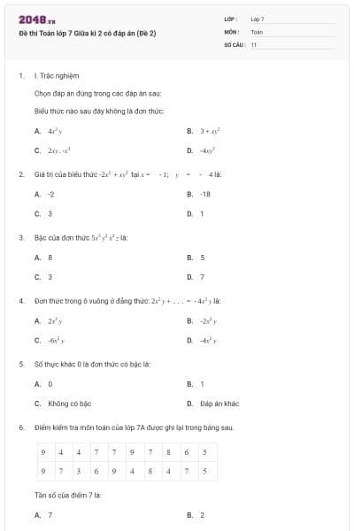 Đề thi Toán lớp 7 Giữa kì 2 có đáp án (Đề 2)