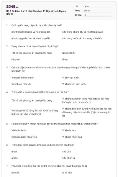 Bộ 4 Đề kiểm tra 15 phút Sinh học 11 Học kì 1 có đáp án (Đề 1)