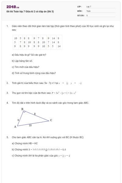Đề thi Toán lớp 7 Giữa kì 2 có đáp án (Đề 3)