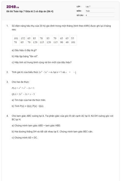 Đề thi Toán lớp 7 Giữa kì 2 có đáp án (Đề 4)