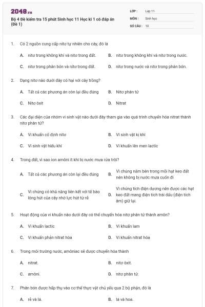 Bộ 4 Đề kiểm tra 15 phút Sinh học 11 Học kì 1 có đáp án (Đề 1)