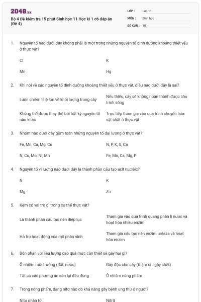 Bộ 4 Đề kiểm tra 15 phút Sinh học 11 Học kì 1 có đáp án (Đề 4)