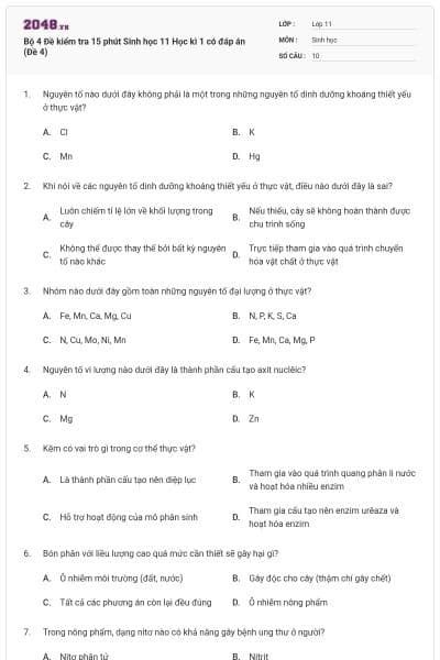 Bộ 4 Đề kiểm tra 15 phút Sinh học 11 Học kì 1 có đáp án (Đề 4)