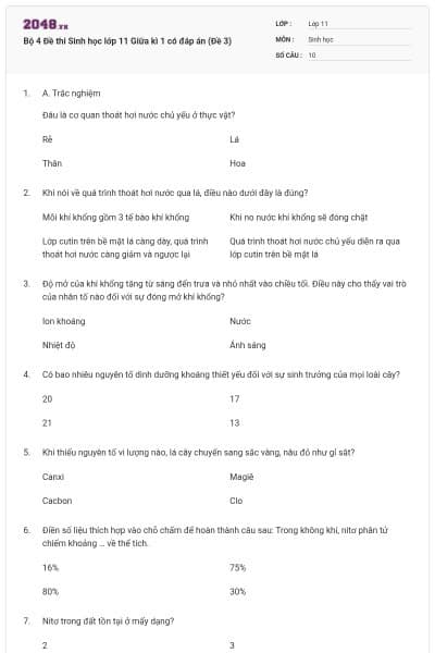 Bộ 4 Đề thi Sinh học lớp 11 Giữa kì 1 có đáp án (Đề 3)