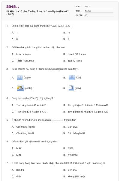 Đề kiểm tra 15 phút Tin học 7 Học kì 1 có đáp án (Bài số 2 - Đề 2)